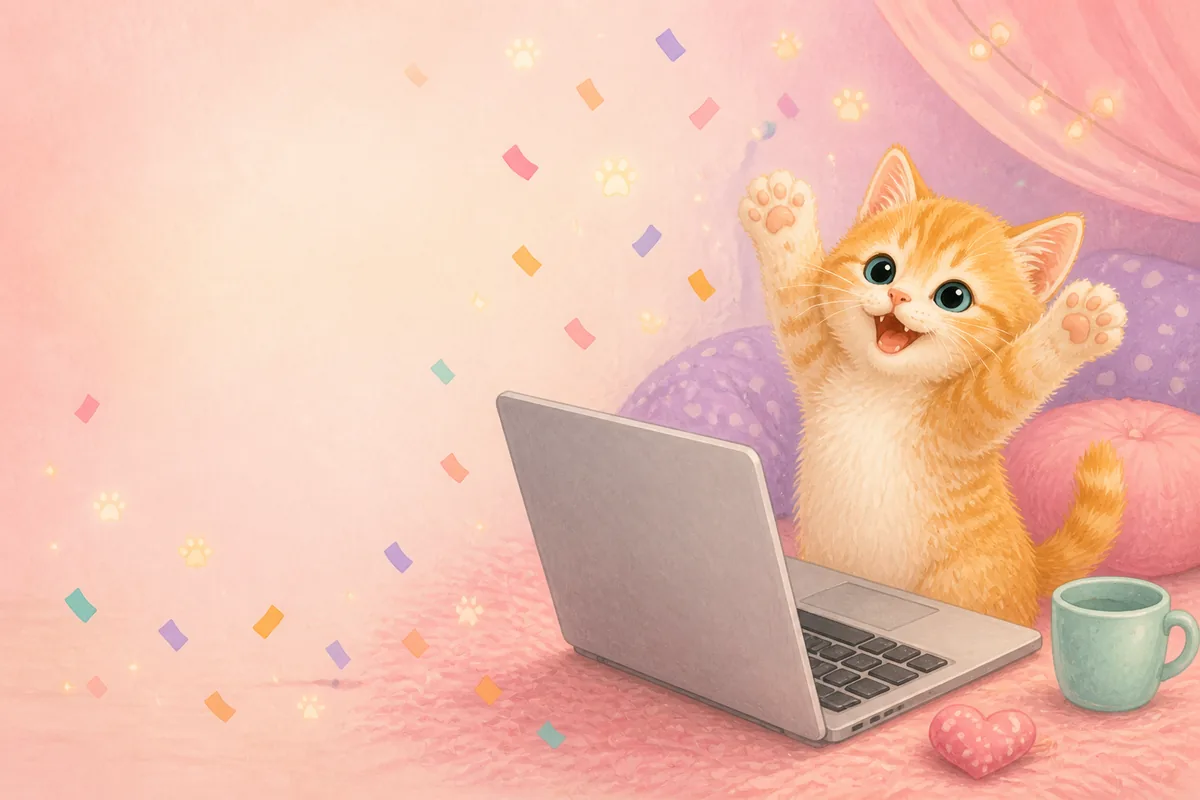 A happy kitten celebrating beside a laptop computer